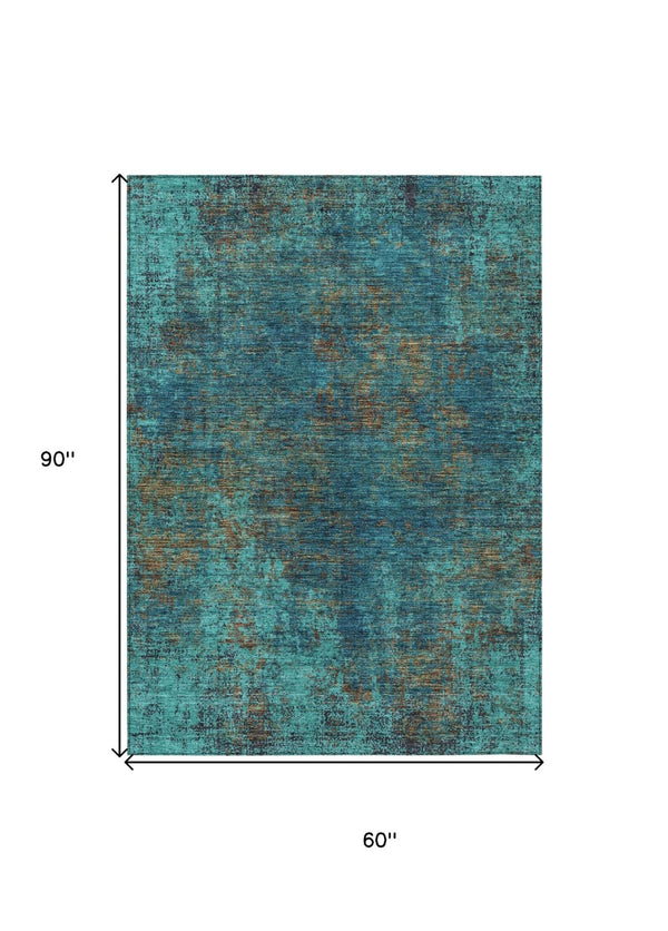 HomeRoots 5' Abstract Area Rug in Teal, Navy Blue & Brown - Durable, Washable, Non-Slip for Indoor & Outdoor Use 5' X 8' 612365