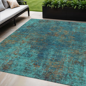 HomeRoots 5' Abstract Area Rug in Teal, Navy Blue & Brown - Durable, Washable, Non-Slip for Indoor & Outdoor Use 5' X 8' 612365