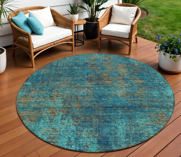 HomeRoots 5' Abstract Area Rug in Teal, Navy Blue & Brown - Durable, Washable, Non-Slip for Indoor & Outdoor Use 8' Round 612366