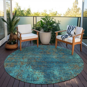 HomeRoots 5' Abstract Area Rug in Teal, Navy Blue & Brown - Durable, Washable, Non-Slip for Indoor & Outdoor Use 8' Round 612366