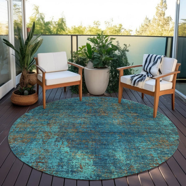 HomeRoots 5' Abstract Area Rug in Teal, Navy Blue & Brown - Durable, Washable, Non-Slip for Indoor & Outdoor Use 8' Round 612366