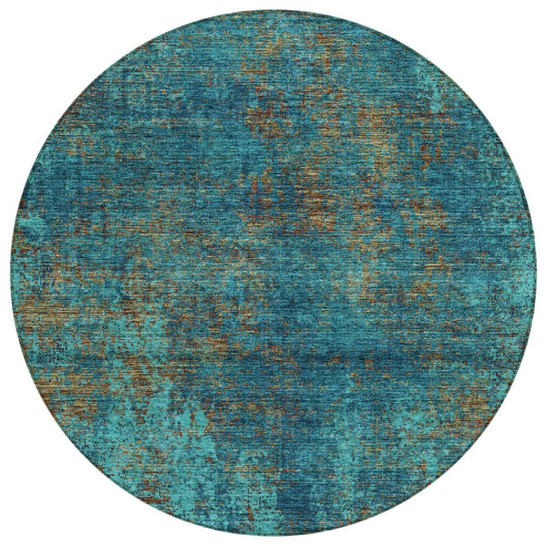 HomeRoots 5' Abstract Area Rug in Teal, Navy Blue & Brown - Durable, Washable, Non-Slip for Indoor & Outdoor Use 8' Round 612366