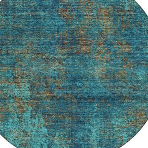 HomeRoots 5' Abstract Area Rug in Teal, Navy Blue & Brown - Durable, Washable, Non-Slip for Indoor & Outdoor Use 8' Round 612366