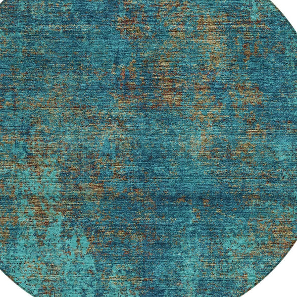 HomeRoots 5' Abstract Area Rug in Teal, Navy Blue & Brown - Durable, Washable, Non-Slip for Indoor & Outdoor Use 8' Round 612366