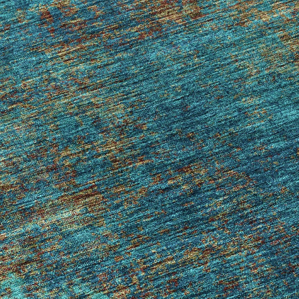 HomeRoots 5' Abstract Area Rug in Teal, Navy Blue & Brown - Durable, Washable, Non-Slip for Indoor & Outdoor Use 8' Round 612366