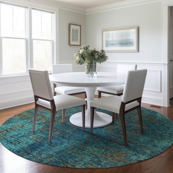 HomeRoots 5' Abstract Area Rug in Teal, Navy Blue & Brown - Durable, Washable, Non-Slip for Indoor & Outdoor Use 8' Round 612366