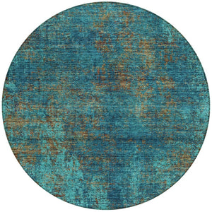 HomeRoots 5' Abstract Area Rug in Teal, Navy Blue & Brown - Durable, Washable, Non-Slip for Indoor & Outdoor Use 8' Round 612366