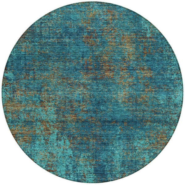 HomeRoots 5' Abstract Area Rug in Teal, Navy Blue & Brown - Durable, Washable, Non-Slip for Indoor & Outdoor Use 8' Round 612366