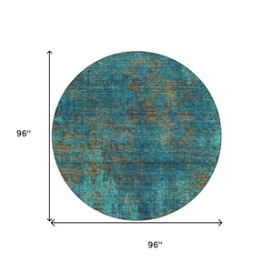 HomeRoots 5' Abstract Area Rug in Teal, Navy Blue & Brown - Durable, Washable, Non-Slip for Indoor & Outdoor Use 8' Round 612366