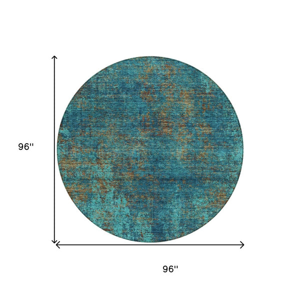 HomeRoots 5' Abstract Area Rug in Teal, Navy Blue & Brown - Durable, Washable, Non-Slip for Indoor & Outdoor Use 8' Round 612366