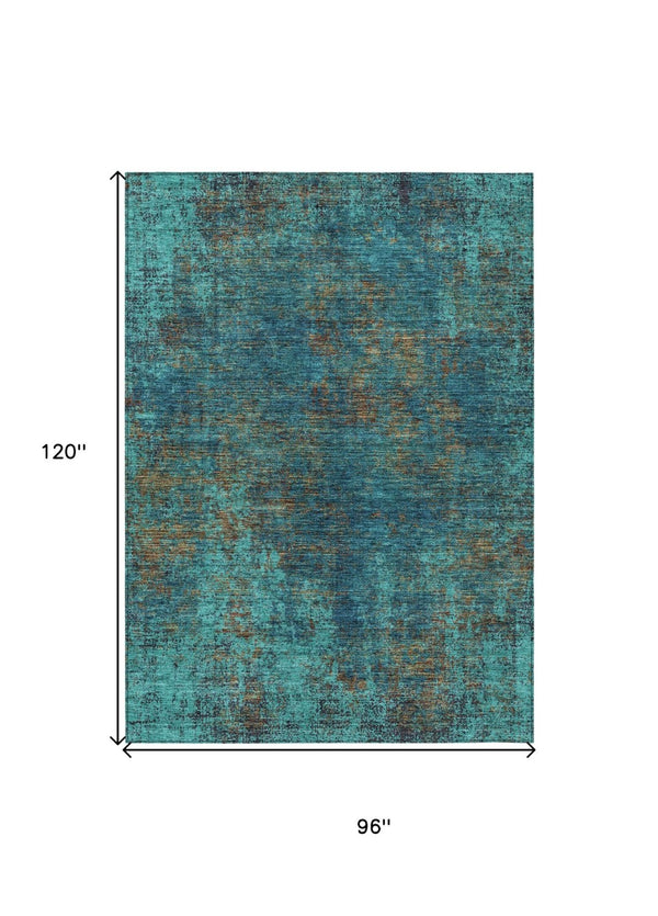 HomeRoots 5' Abstract Area Rug in Teal, Navy Blue & Brown - Durable, Washable, Non-Slip for Indoor & Outdoor Use 8' X 10' 612367