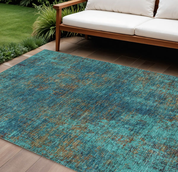 HomeRoots 5' Abstract Area Rug in Teal, Navy Blue & Brown - Durable, Washable, Non-Slip for Indoor & Outdoor Use 8' X 10' 612367