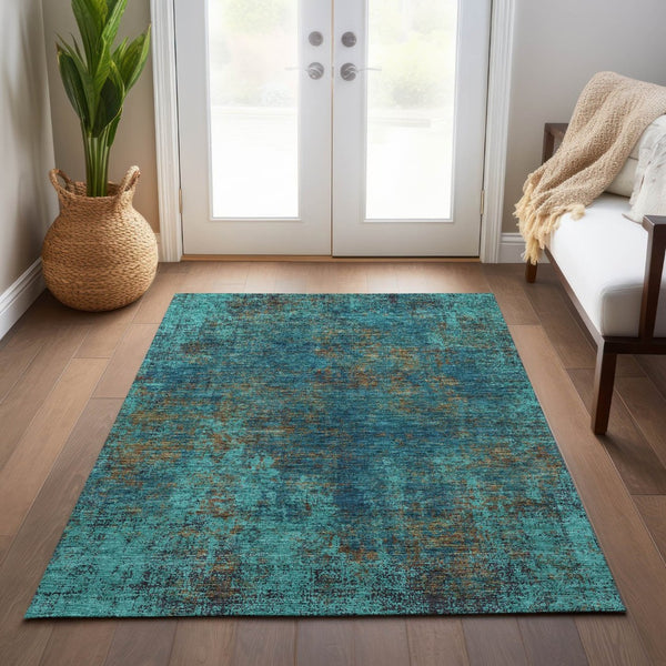 HomeRoots 5' Abstract Area Rug in Teal, Navy Blue & Brown - Durable, Washable, Non-Slip for Indoor & Outdoor Use 8' X 10' 612367