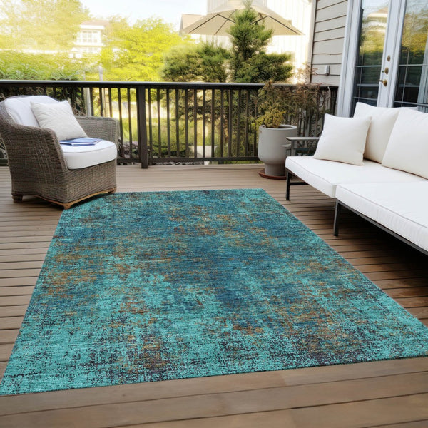 HomeRoots 5' Abstract Area Rug in Teal, Navy Blue & Brown - Durable, Washable, Non-Slip for Indoor & Outdoor Use 8' X 10' 612367