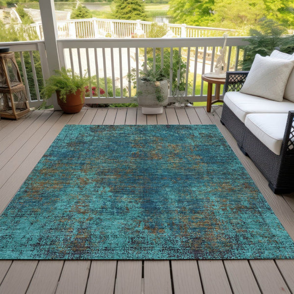 HomeRoots 5' Abstract Area Rug in Teal, Navy Blue & Brown - Durable, Washable, Non-Slip for Indoor & Outdoor Use 9' X 12' 612368