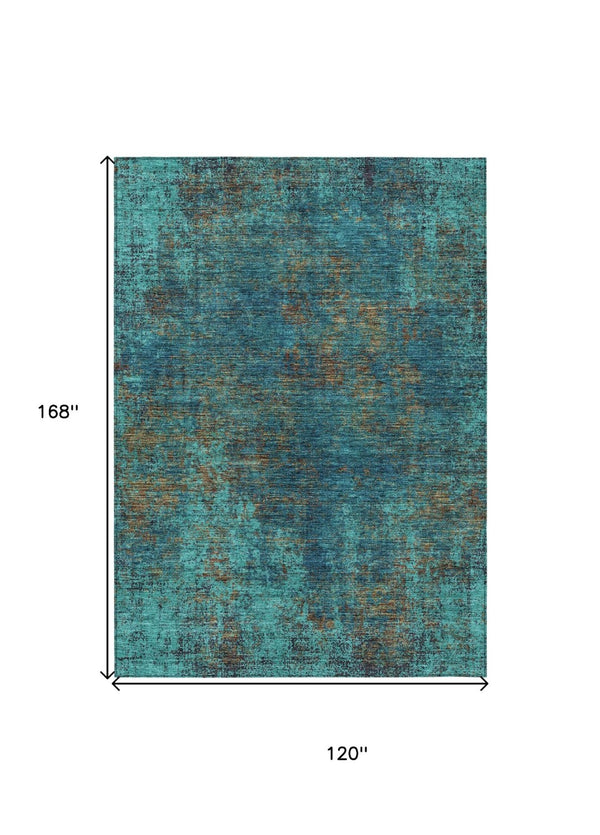 HomeRoots 5' Abstract Area Rug in Teal, Navy Blue & Brown - Durable, Washable, Non-Slip for Indoor & Outdoor Use 10' X 14' 612369