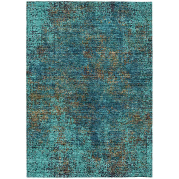 HomeRoots 5' Abstract Area Rug in Teal, Navy Blue & Brown - Durable, Washable, Non-Slip for Indoor & Outdoor Use 10' X 14' 612369