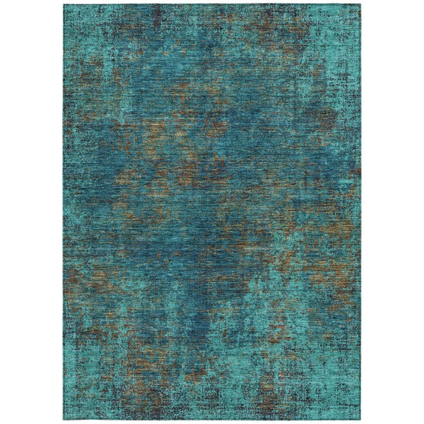 HomeRoots 5' Abstract Area Rug in Teal, Navy Blue & Brown - Durable, Washable, Non-Slip for Indoor & Outdoor Use 10' X 14' 612369