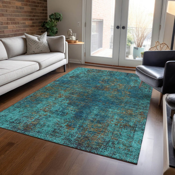 HomeRoots 5' Abstract Area Rug in Teal, Navy Blue & Brown - Durable, Washable, Non-Slip for Indoor & Outdoor Use 10' X 14' 612369