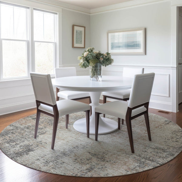 HomeRoots 5' Stylish Taupe and Ivory Abstract Indoor-Outdoor Rug - Durable, Washable, Versatile for Any Space 8' Round 612372