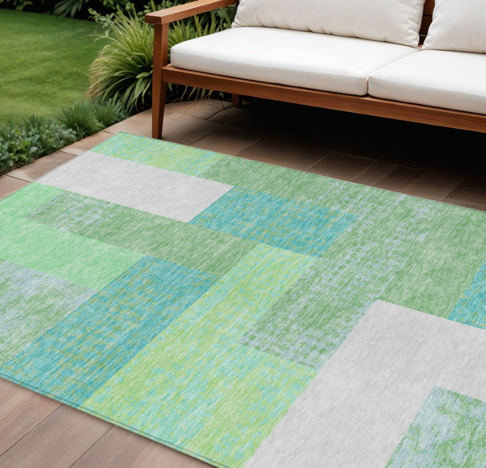 HomeRoots 5' Stylish Geometric Area Rug in Sage Mint Green and Teal Blue – Durable, Washable for Indoor/Outdoor Use 10' X 14' 612387