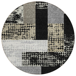 HomeRoots 5' Modern Geometric Area Rug in Black, Taupe & Ivory – Washable, Durable & Versatile for Indoor/Outdoor Use 8' Round 612390