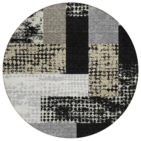 HomeRoots 5' Modern Geometric Area Rug in Black, Taupe & Ivory – Washable, Durable & Versatile for Indoor/Outdoor Use 8' Round 612390