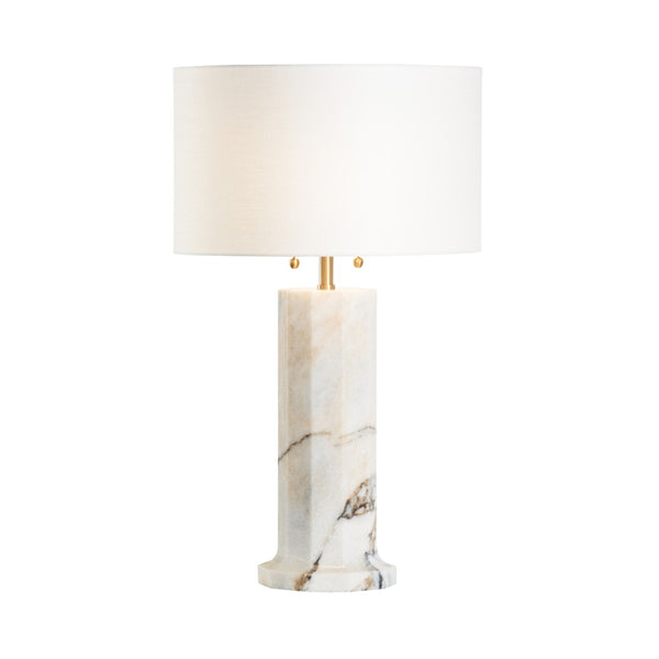Wildwood Andria Sculptural Marble Lamp With Dual Pull Chains, Off-White Linen Shade For Modern Spaces 61240