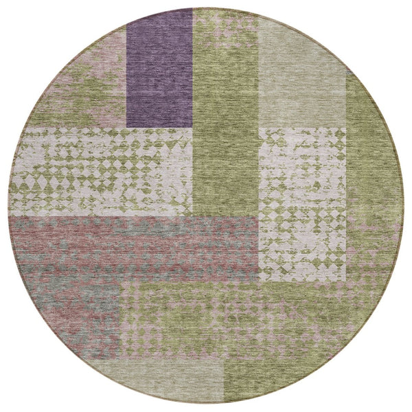 HomeRoots 5' Vibrant Geometric Indoor Outdoor Area Rug in Green, Purple, and Pink - Durable & Washable Design 8' Round 612414