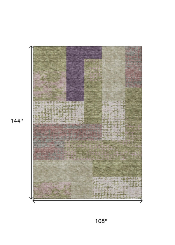 HomeRoots 5' Vibrant Geometric Indoor Outdoor Area Rug in Green, Purple, and Pink - Durable & Washable Design 9' X 12' 612416