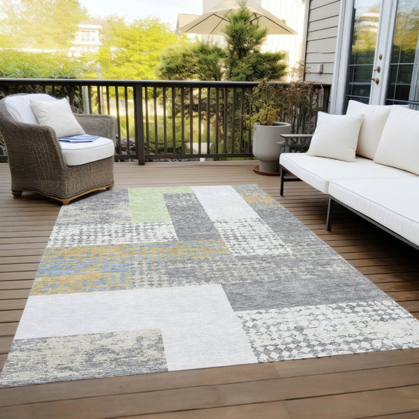 HomeRoots 5' Versatile Gray Ivory and Mint Green Geometric Indoor Outdoor Area Rug for Stylish Spaces 10' X 14' 612423
