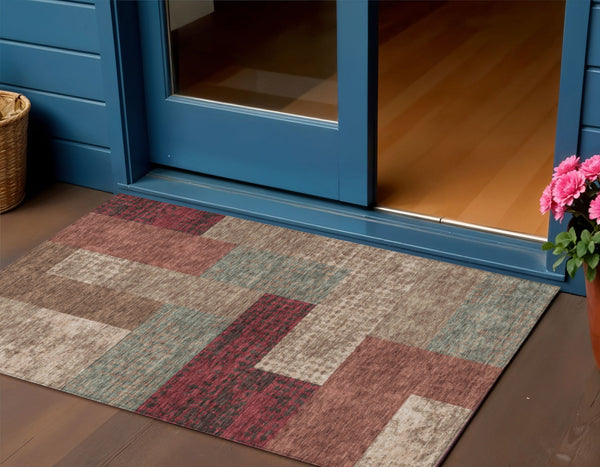 Homeroots 3' Stylish Geometric Washable Area Rug For Indoor/Outdoor Use - Durable, Stain Resistant Design Brown Polyester 612436