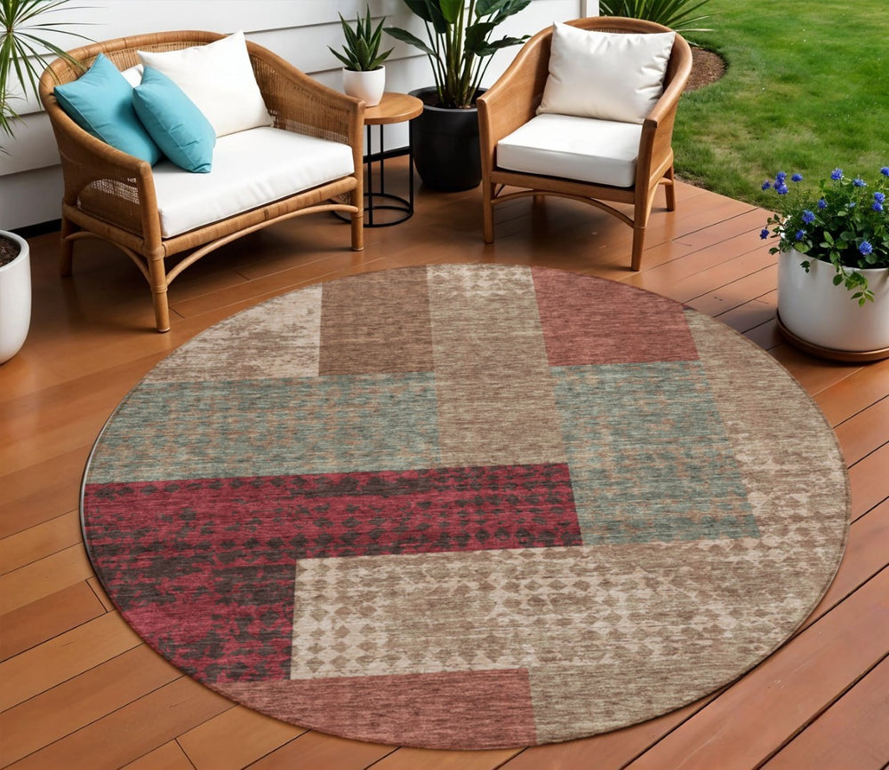 HomeRoots 5' Chic Brown and Terra Cotta Geometric Indoor Outdoor Area Rug for Modern Living Spaces & Patios 8' Round 612438