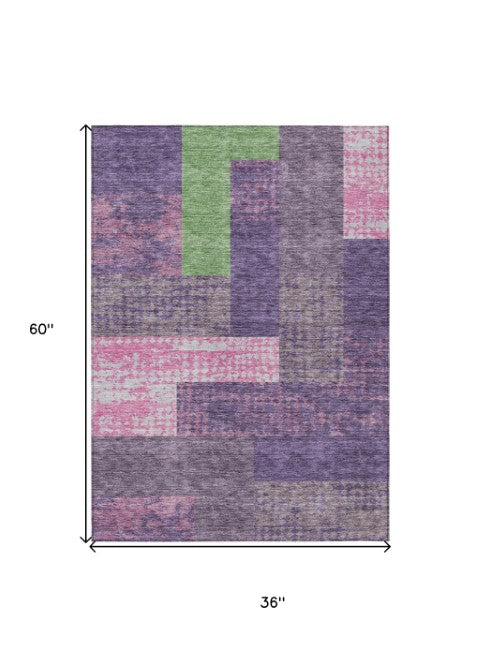 Homeroots 3' Stylish Geometric Washable Area Rug For Indoor/Outdoor Use - Durable, Stain Resistant Design Purple Polyester 612442