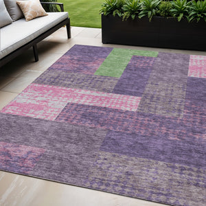 HomeRoots 5' Vibrant Geometric Washable Area Rug in Purple, Green & Pink - Perfect for Indoor & Outdoor Spaces 5' X 8' 612443