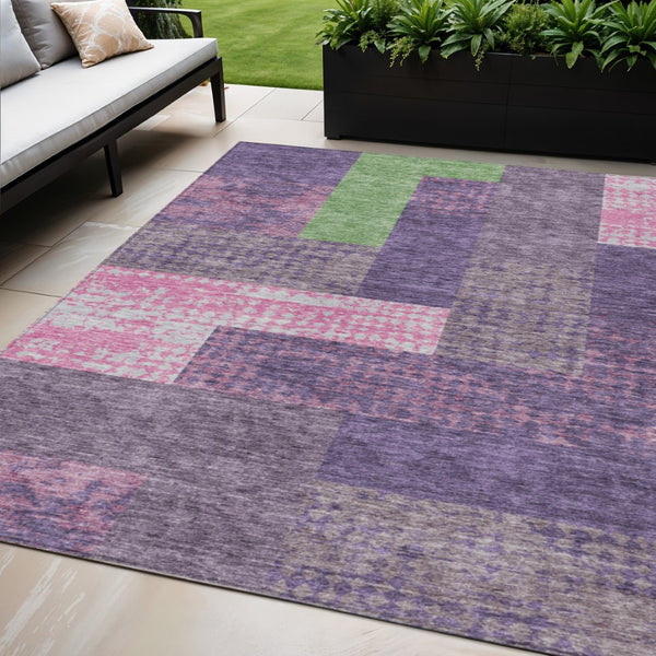 HomeRoots 5' Vibrant Geometric Washable Area Rug in Purple, Green & Pink - Perfect for Indoor & Outdoor Spaces 5' X 8' 612443
