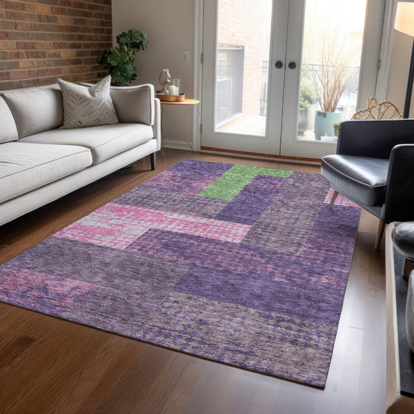 HomeRoots 5' Vibrant Geometric Washable Area Rug in Purple, Green & Pink - Perfect for Indoor & Outdoor Spaces 5' X 8' 612443