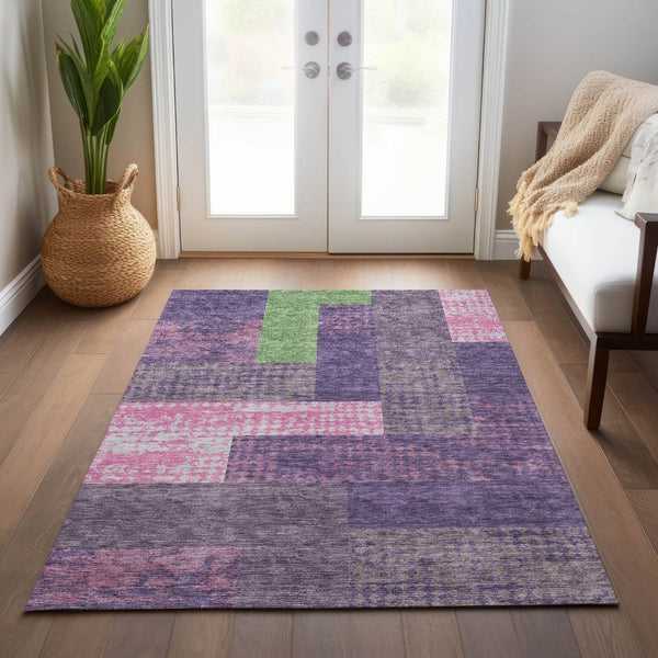 HomeRoots 5' Vibrant Geometric Washable Area Rug in Purple, Green & Pink - Perfect for Indoor & Outdoor Spaces 5' X 8' 612443