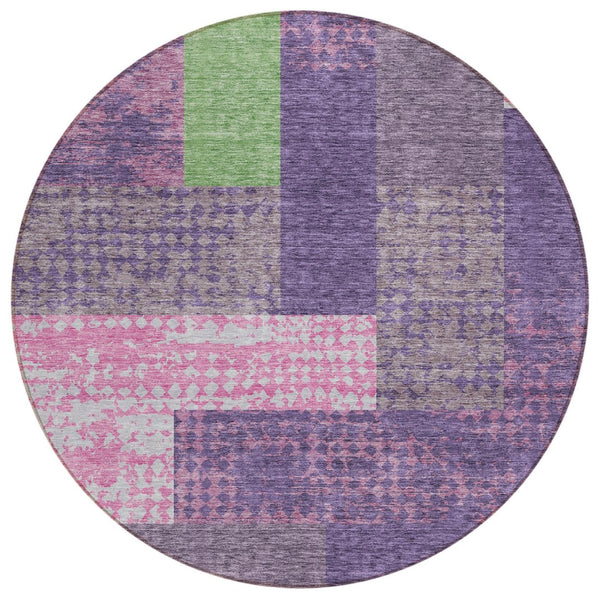 HomeRoots 5' Vibrant Geometric Washable Area Rug in Purple, Green & Pink - Perfect for Indoor & Outdoor Spaces 8' Round 612444