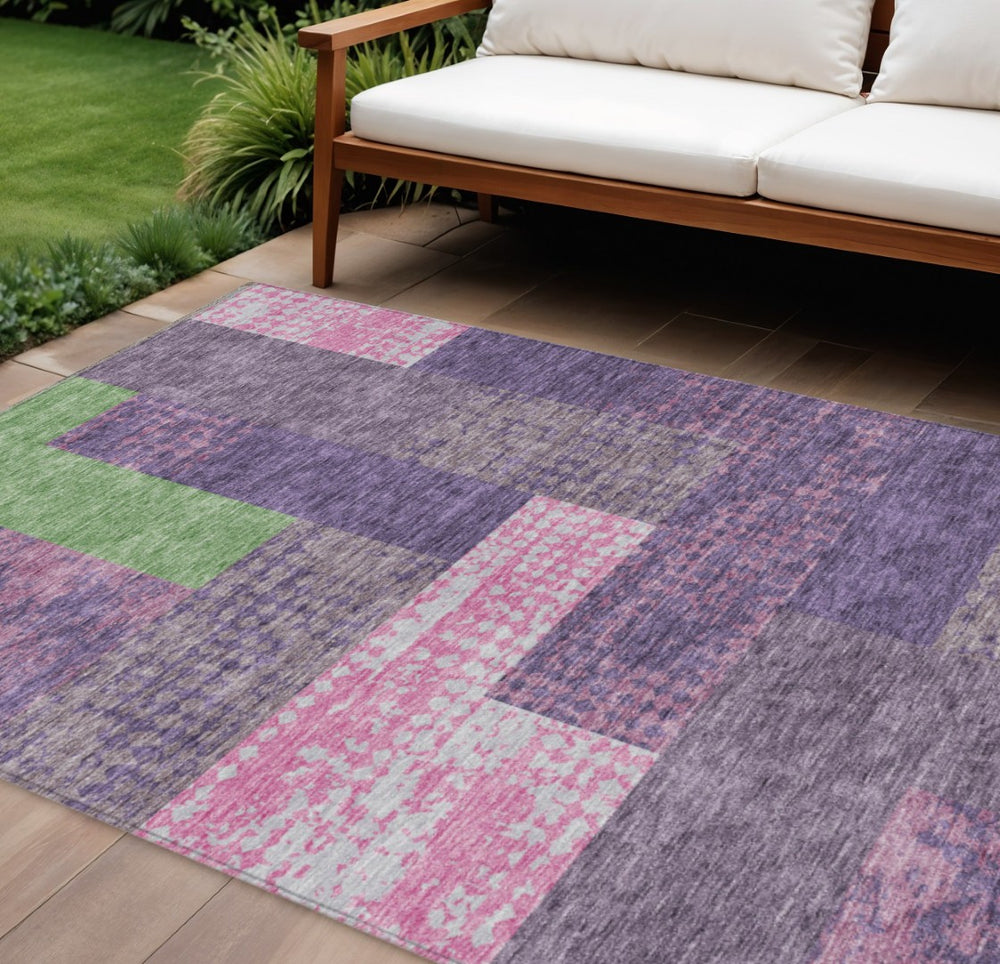 HomeRoots 5' Vibrant Geometric Washable Area Rug in Purple, Green & Pink - Perfect for Indoor & Outdoor Spaces 8' X 10' 612445