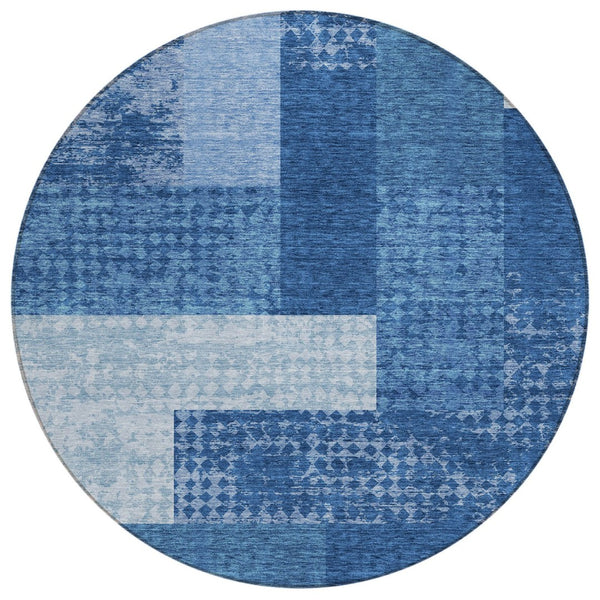 HomeRoots 5' Geometric Washable Area Rug in Navy and Sky Blue - Stylish, Durable Design for Indoor & Outdoor Use 8' Round 612450