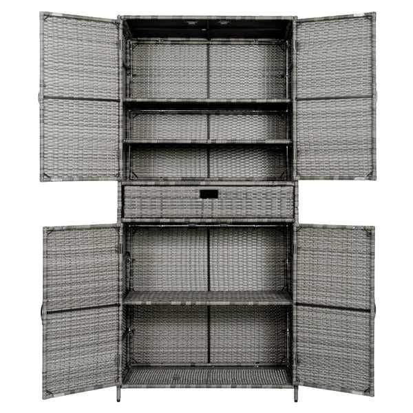 English Elm K&k Tall Arched Pe Rattan Outdoor Storage Cabinet with Adjustable Shelves and Steel Frame Grey N707P420102G