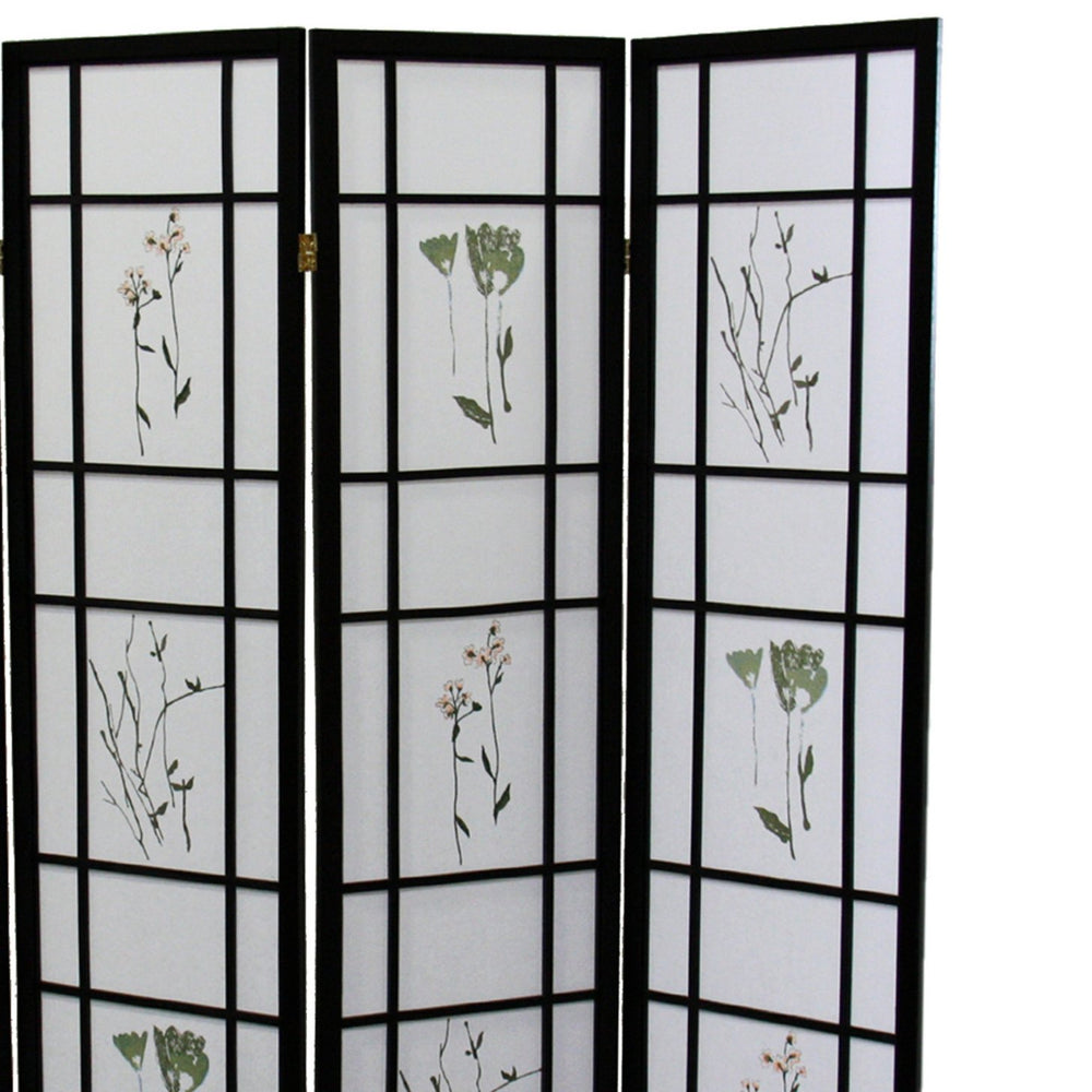 English Elm 70" Elegant 4-Panel Shoji Room Divider - Black Folding Screen With Floral Design For Privacy & Style B072115965
