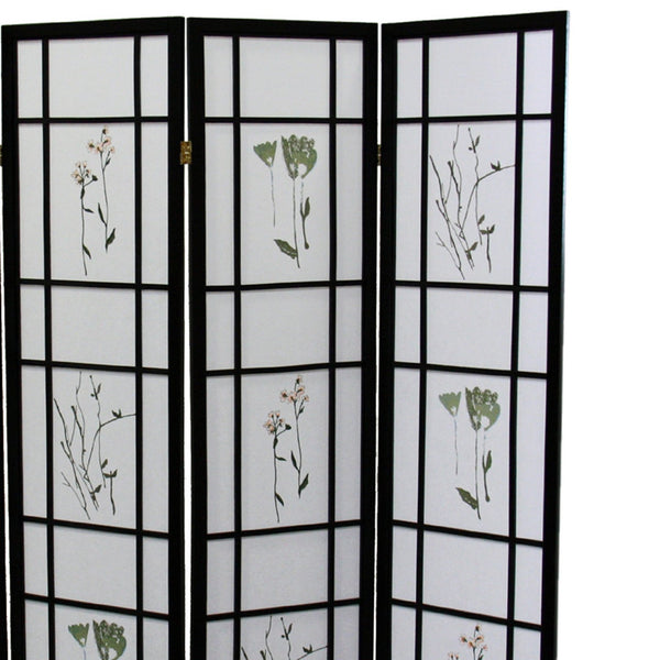 English Elm 70" Elegant 4-Panel Shoji Room Divider - Black Folding Screen With Floral Design For Privacy & Style B072115965