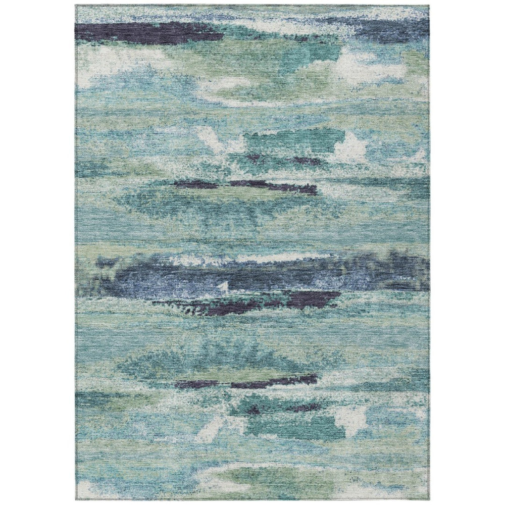 HomeRoots 5' Abstract Area Rug in Sage Teal and Navy Blue - Washable, Durable for Indoor and Outdoor Spaces 5' X 8' 612480