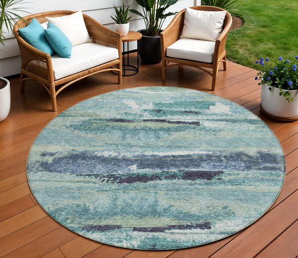 Homeroots 3' Abstract Washable Indoor Outdoor Area Rug In Teal Blue And Navy – Perfect For High Traffic Spaces! Sage Polyester 612481