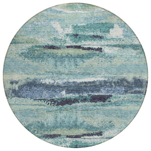HomeRoots 5' Abstract Area Rug in Sage Teal and Navy Blue - Washable, Durable for Indoor and Outdoor Spaces 8' Round 612481