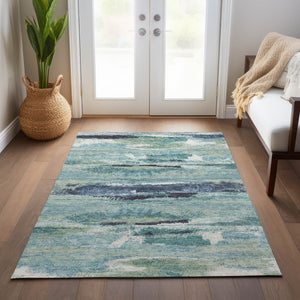 Homeroots 3' Abstract Washable Indoor Outdoor Area Rug In Teal Blue And Navy – Perfect For High Traffic Spaces! Sage Polyester 612482