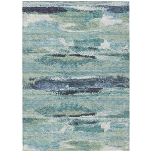 HomeRoots 5' Abstract Area Rug in Sage Teal and Navy Blue - Washable, Durable for Indoor and Outdoor Spaces 10' X 14' 612484