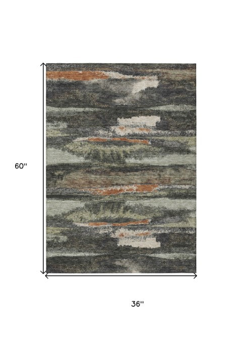 Homeroots 3' Abstract Washable Indoor Outdoor Area Rug In Teal Blue And Navy – Perfect For High Traffic Spaces! Charcoal Polyester 612485